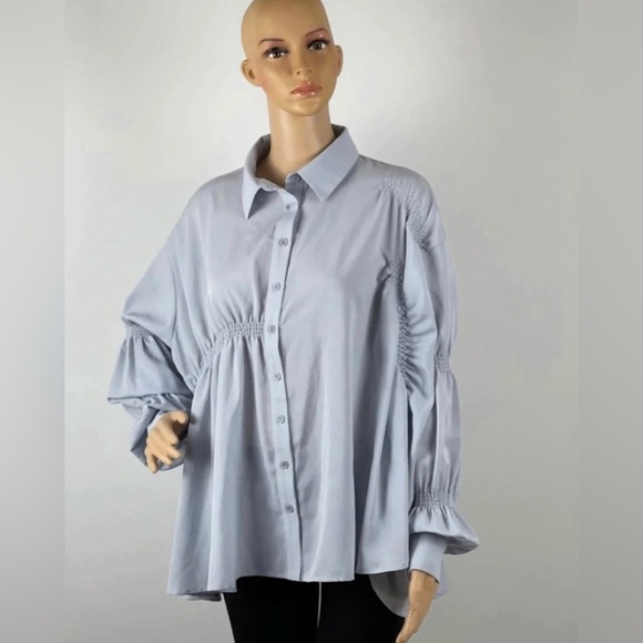 Women’s Asymmetrical Light Blue button-up Ruffle Tunic shirt Blouse - Picture 3 of 12